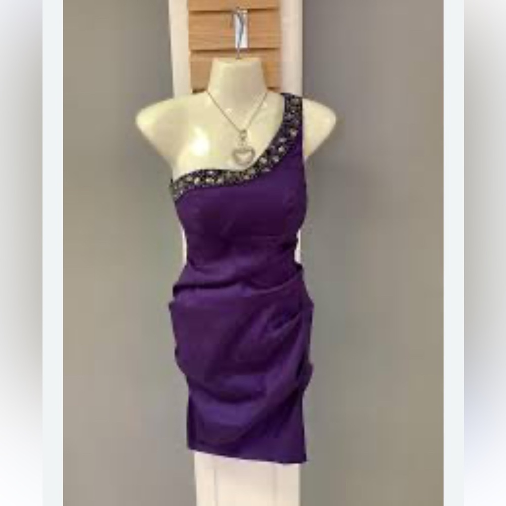 Xscape One-Shoulder Purple Dress with Embellished Neckline